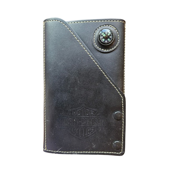 Harley Davidson Black Leather Atlas Bifold Wallet Compass Snap Closure Biker - Picture 1 of 4